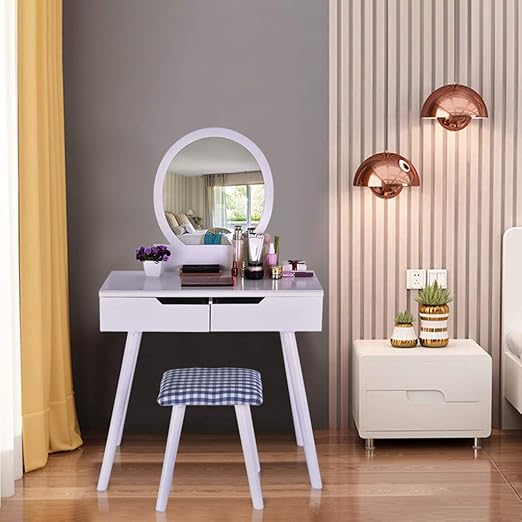 Amazon Com Denzar Vanity Table Set With Round Mirror 2 Large