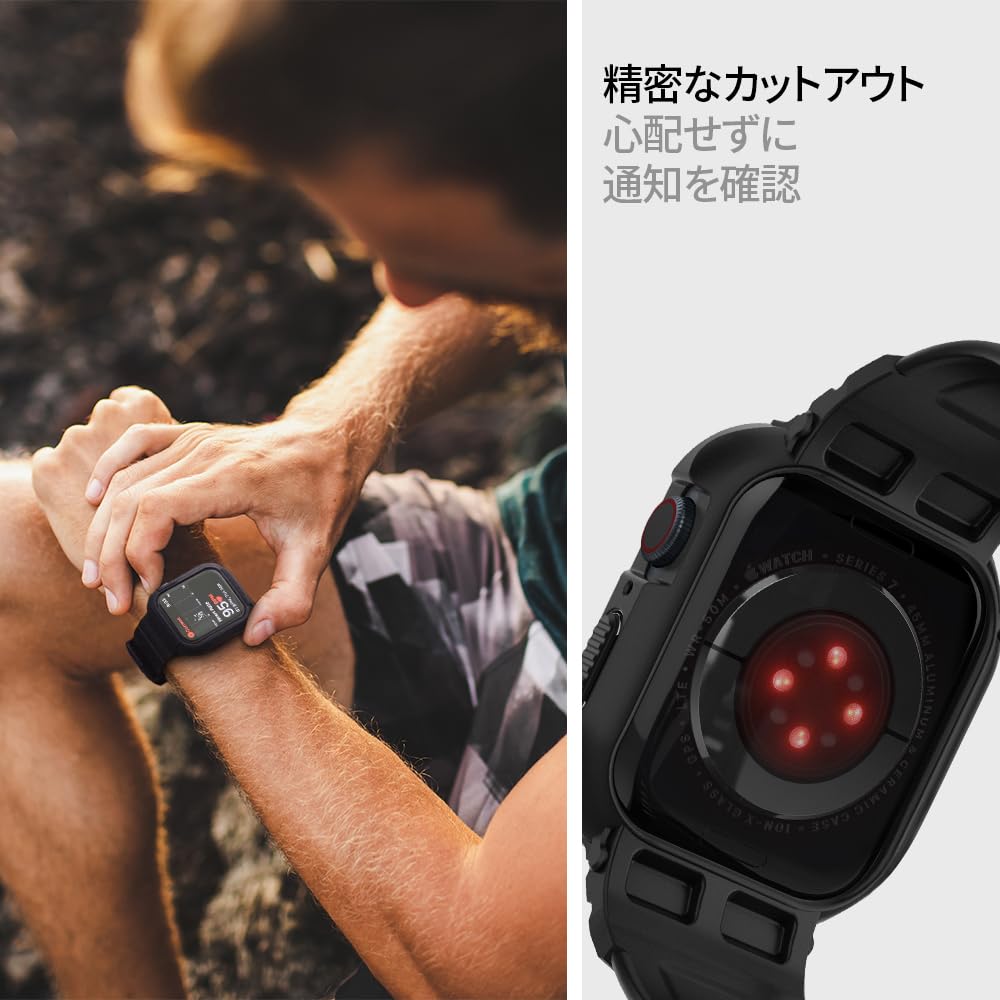 Spigen Apple Watch 45mm | 44mm 一体型 バンド ケース 【 Apple Watch 9 / 8 / 7 / SE2 / SE / 6 / 5 / 4 対応 】 カバー 耐衝撃 PC TPU 二重構造 スポーツバンド 落下 衝撃 吸収 耐久性 傷防止 ラギッド・アーマー・プロ 062CS25324 (ブラック)