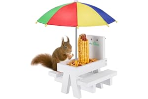 MIXXIDEA Squirrel Feeder Table with Umbrella, Wooden Squirrel Picnic Table Feeder, Sturdy Squirrel Feeder Corn Cob Holder, with Solid Structure and 2 x Thick Benches(Colorful)