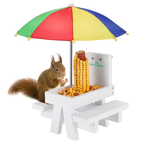 MIXXIDEA Squirrel Feeder Table with Umbrella, Wooden Squirrel Picnic Table Feeder, Sturdy Squirrel Feeder Corn Cob Holder, with Solid Structure and 2 x Thick Benches(Colorful)