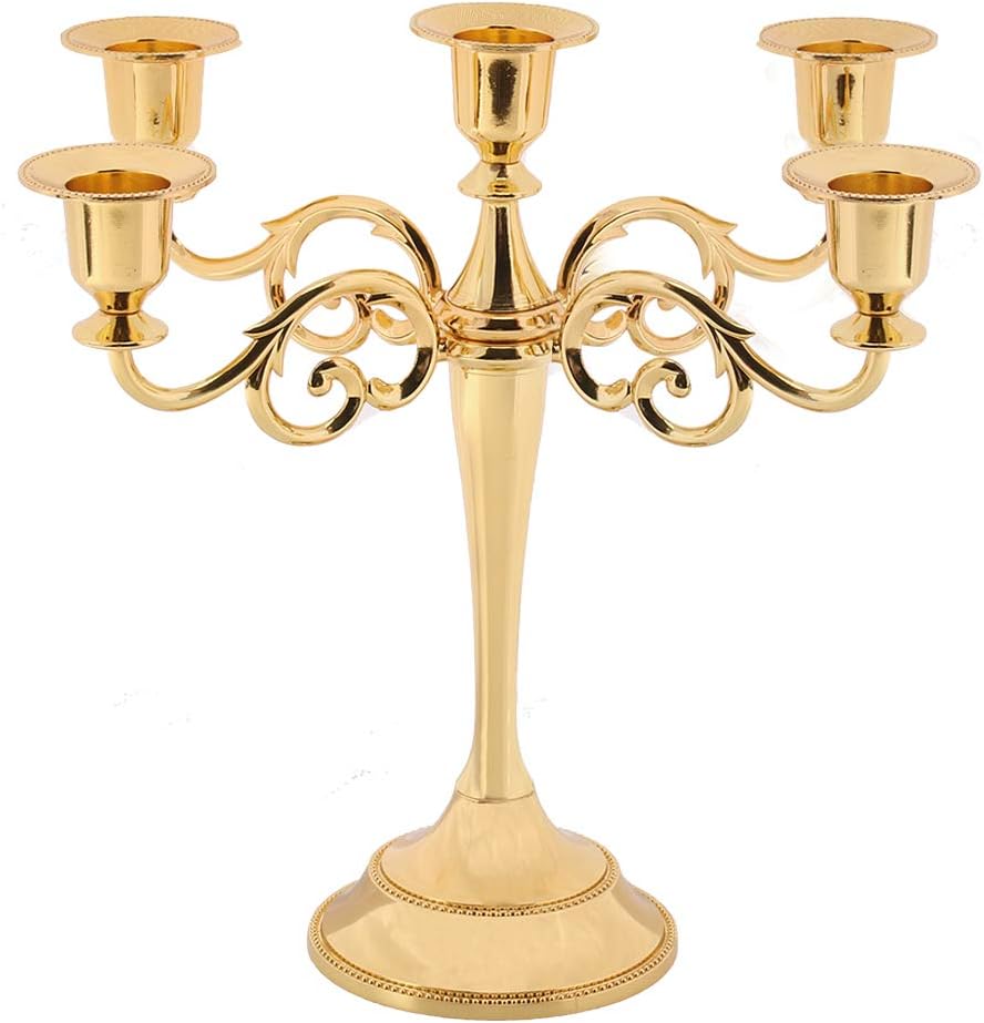 GoMaihe Gold Candle Holder with 5 Arms, 27×26cm Vintage Metal Candlestick, Wedding Table Decorations Candleabras Centrepiece, Retro Candelabra for Valentine Christmas Home Party Dinning