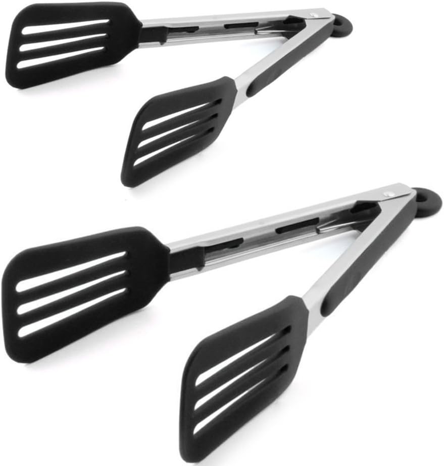 Kitchen Tongs 9 inches & 12 inches Stainless Steel Cooking Tongs Kitchen Silicone Serving Tongs Heat Resistant Meat Turner Spatula Tongs with Locking Handle Joint, Black