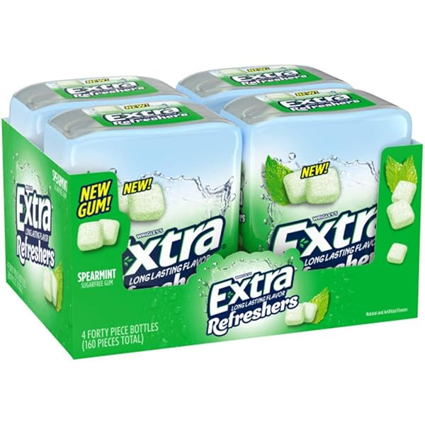 EXTRA GUM REFRESHERS SPEARMINT BULK CHEWING GUM – SUGAR-FREE, 40 PIECE RESEALABLE BOTTLE PACK OF 4