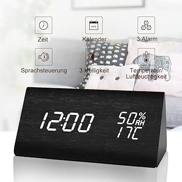 Fomobest LED Wecker Wiederaufladbar Holz Tischuhr Klein Standuhr Datum/Temperatur/Feuchtigkeit Anzeige Digital Wecker Schwarz