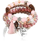 Pink Crystal Bracelet for Women Stackable Natural Healing Crystal Beaded Wings Tassels l Love You Charm Boho Adjustable Dainty Jewelry Birthday Gifts for Best Friend Family