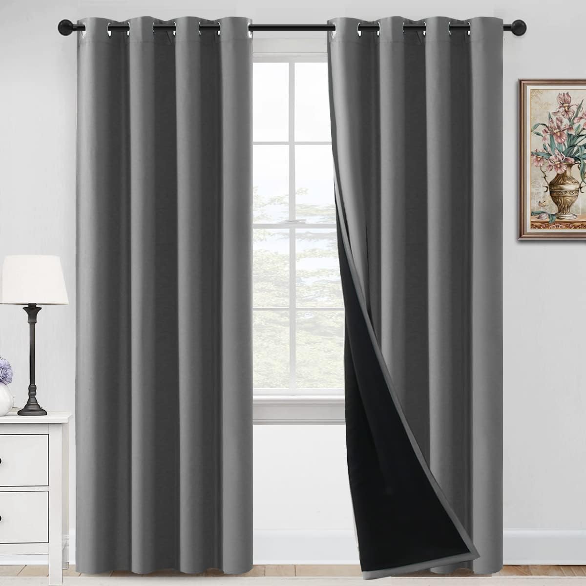 Outdoor Curtains - Flamingo P Grey Complete Blackout Curtains with Black Liner Backing,Heavy 84 inches Long for Living Room,Energy Saving & Soundproof Drapes,Set of 2 Panels,52 inches Wide Each Panel