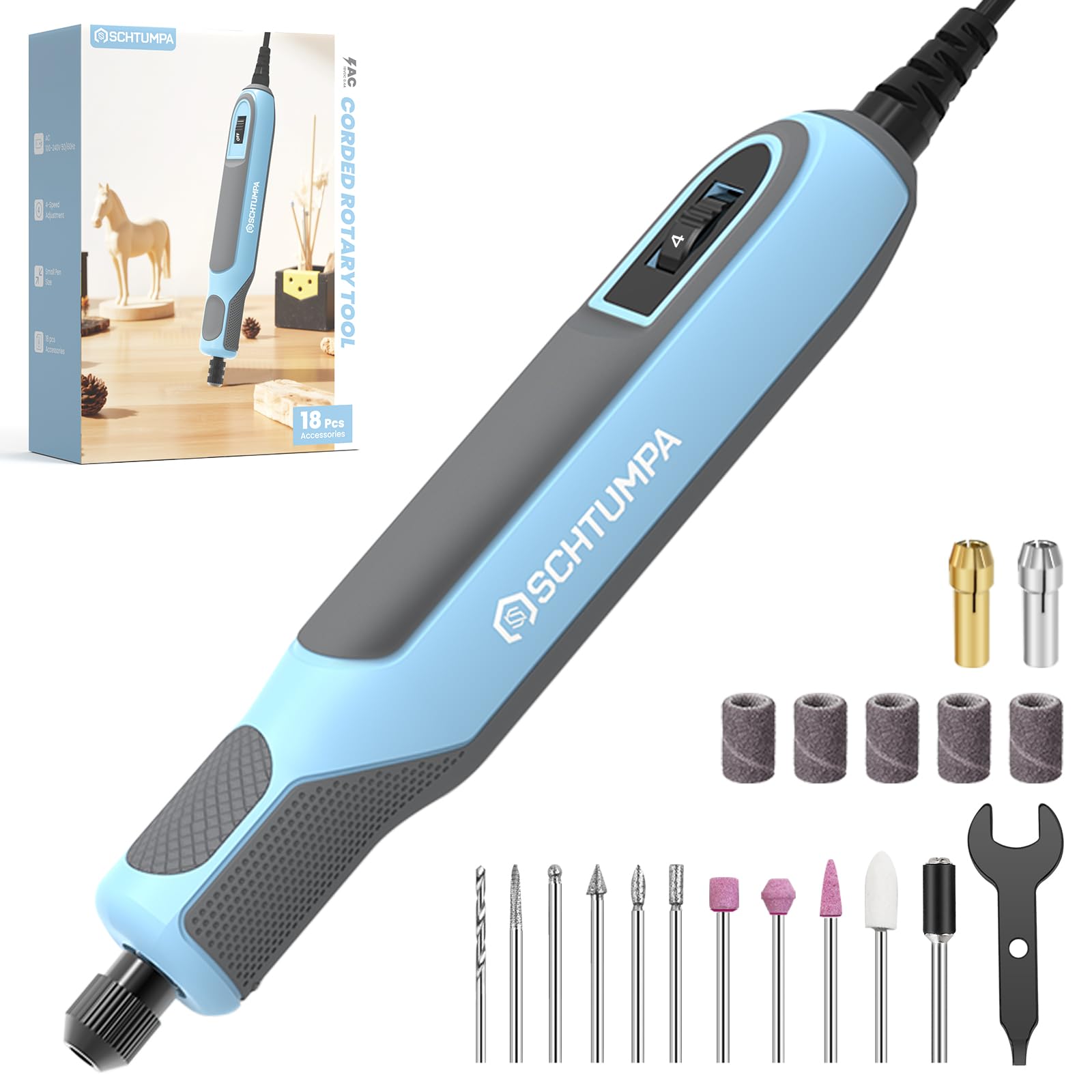 Photo 1 of Schtumpa Corded Rotary Tool 36W, 4 Variable Speed, 10000-22000RPM Rotary Tool Kit & 18 Accessories, Soft Grip, Lightweight Multi-Tool for Sanding, Polishing, Drilling, Carving, DIY Crafts