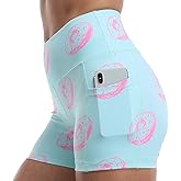 RAYPOSE Womens Biker Shorts With Pockets Tummy Control Plus Size Yoga Shorts Women Printed Workout Pants Donut Print Large