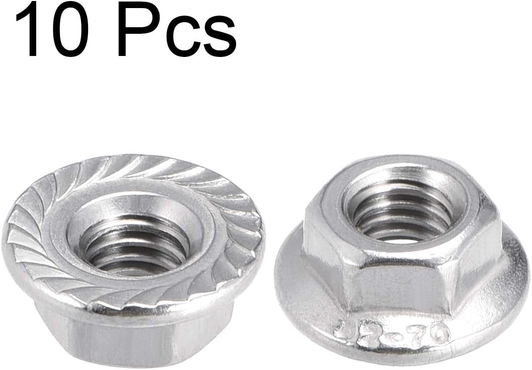 sourcing map M5 Serrated Flange Hex Lock Nuts, 304 Stainless Steel, 10 Pcs, Silver Tone - Image 3