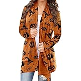 BOUTIKOME Women's Halloween Cat Pumpkin Cardigan Long Sleeve Open Front Knit Outwear Over Coats Plus Size Knit Sweater Top