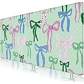 Cute Desk Pad Mouse Pad, Large Gaming Mouse Mat with Stitched Edges, Non-Slip Waterproof Rubber Base Mous Mat for Office Computer Keyboard Laptop Home Decor Women Girl (35.4X17.5 in), Green Pink Bows