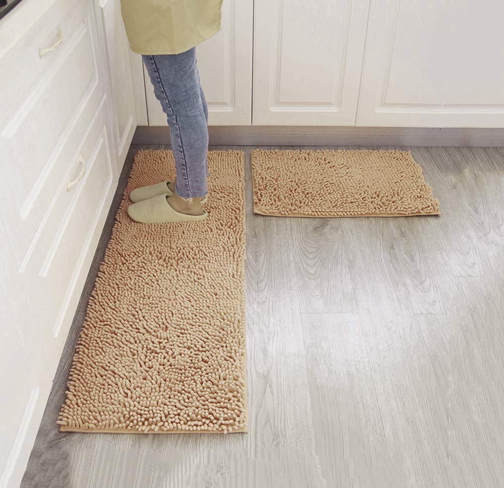 YOKIANon Slip Thick Shaggy Chenille Bathroom Rugs, Bath Mats for Bathroom Extra Soft and Absorbent - Bath Rugs Set for Indoor/Kitchen (Set of 2-16" x 24"/16" x 47") Camel