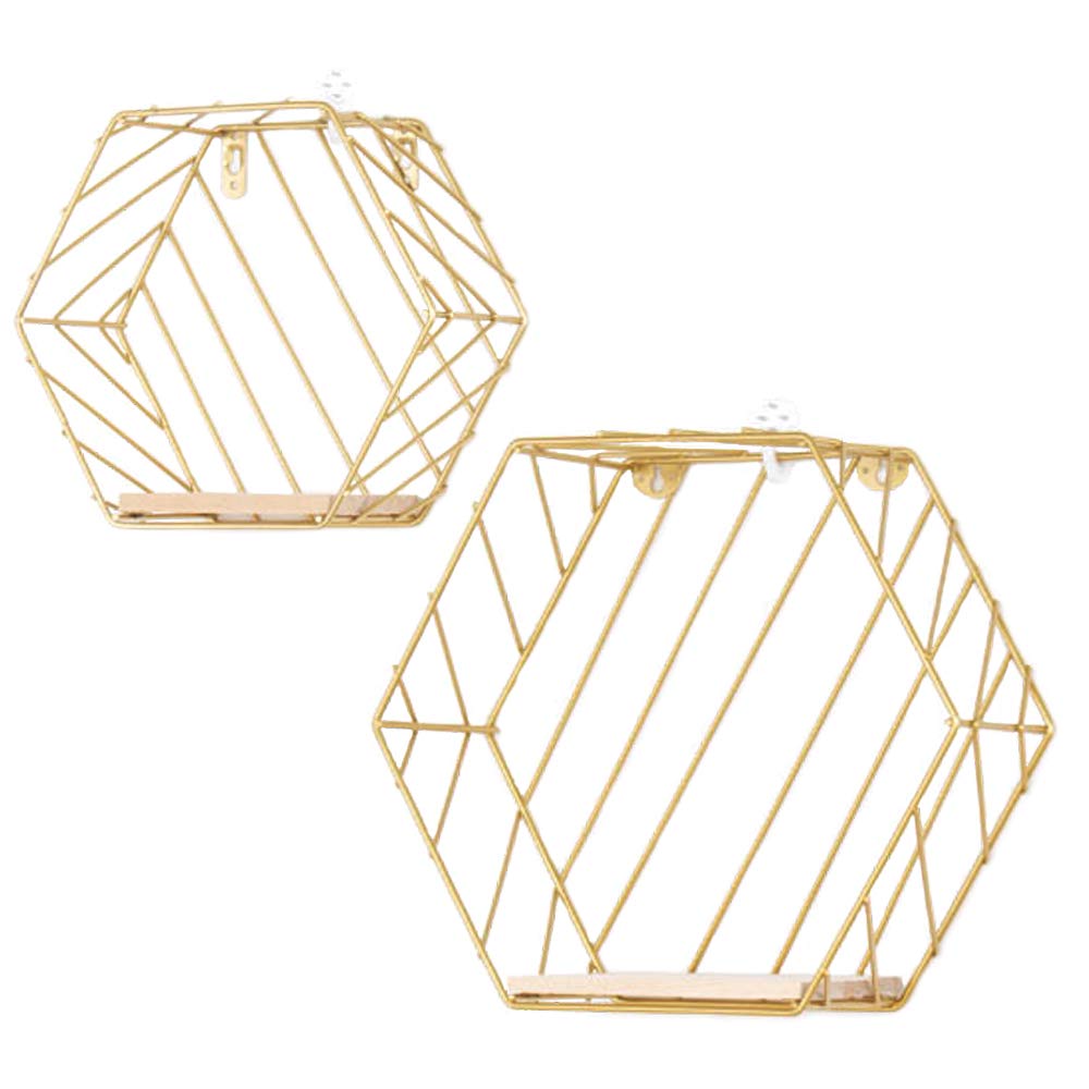 Floating Shelves Wall Mounted Metal Wire Art Hexagon Shelves with Solid Wood Board for Plant Display, Storage Racks & Organiser, Home Decoration Wall Shelf Set of 2 (Gold, Stripe)
