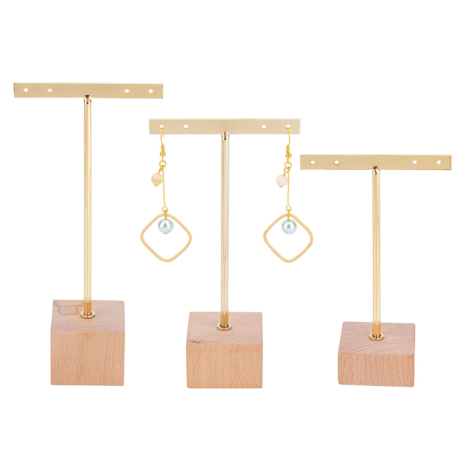FINGERINSPIRE 3 Pcs Gold Metal T Bar Earring Display Stand with Wooden Base 4 Holes Jewelry Holders Hanging Earring Organizer for Store Retail Photography Props（Square Base,119 & 141 & 161mm Height） — image 1