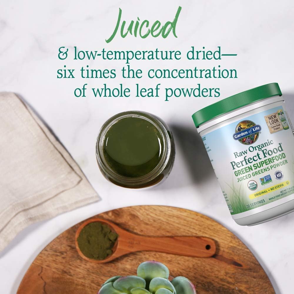 Garden of Life Raw Organic Perfect Food Green Superfood Juiced Greens Powder, Plant Based Dietary Supplement - Original Stevia-Free, 30 Servings (Packaging May Vary): Health & Personal Care
