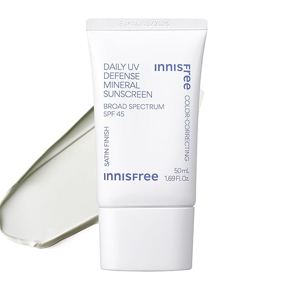 INNISFREE DAILY UV DEFENSE MINERAL SUNSCREEN BROAD SPECTRUM SPF 45 WITH HYALURONIC ACID, KOREAN SUNSCREEN FOR FACE WITH COLOR CORRECTING GREEN TINT