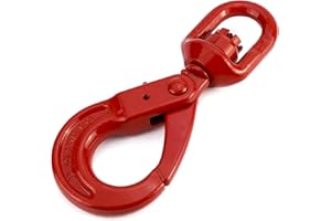 QWORK Grade 80 Drop Forged Steel Swivel Self-Locking Hook, 7100Lb Hoisting Hook, Large Swivel Eyes 3/8" Trade, Painted Finish