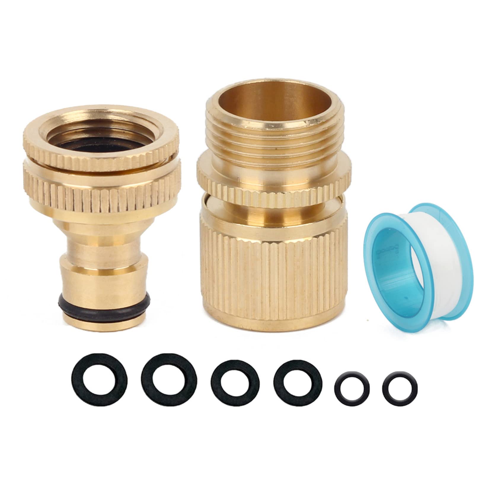 Outside Garden Tap Connector Set - 1/2 & 3/4 inch 2 in 1 Brass Female Tap Adapter, 3/4 inch Male Hose Fitting