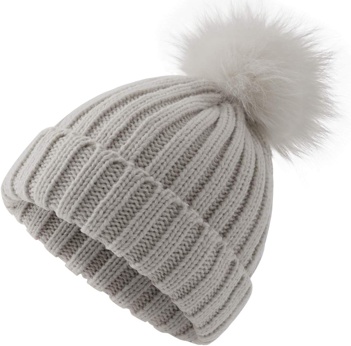 ElifeAcc Warm Winter Fur Hat Knitted Pom Pom Beanie Bobble Hats for Outdoor Camping Ski caps(Grey-Kids)