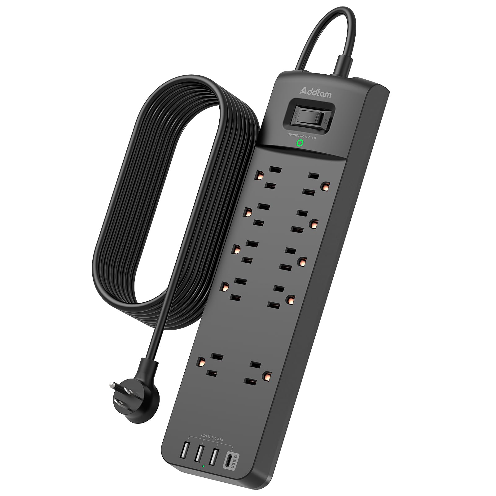 Photo 1 of 12FT Long Power Strip Surge Protector, Addtam Surge Protector with 10 Outlets and 4 USB Ports, Extension Cord with Flat Plug, 2700 Joules, ETL Listed, Black