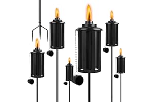 FALBAWR Citronella Torches Set of 6, 16 oz Garden Torches for Outside, 3-Prong Grounded Stake Outdoor Torches, 58 inch Outdoor Decorative Lantern, Black, DC-SWT-HS-06