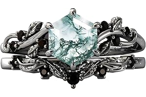 DONGHU 10K 14K 18K Solid Gold Natural Moss Agate Ring Set Inspired Leaf Moss Agate Engagement Ring Set Vintage Unique Moss Agate Bridal Wedding Ring Set Size 4-12.5