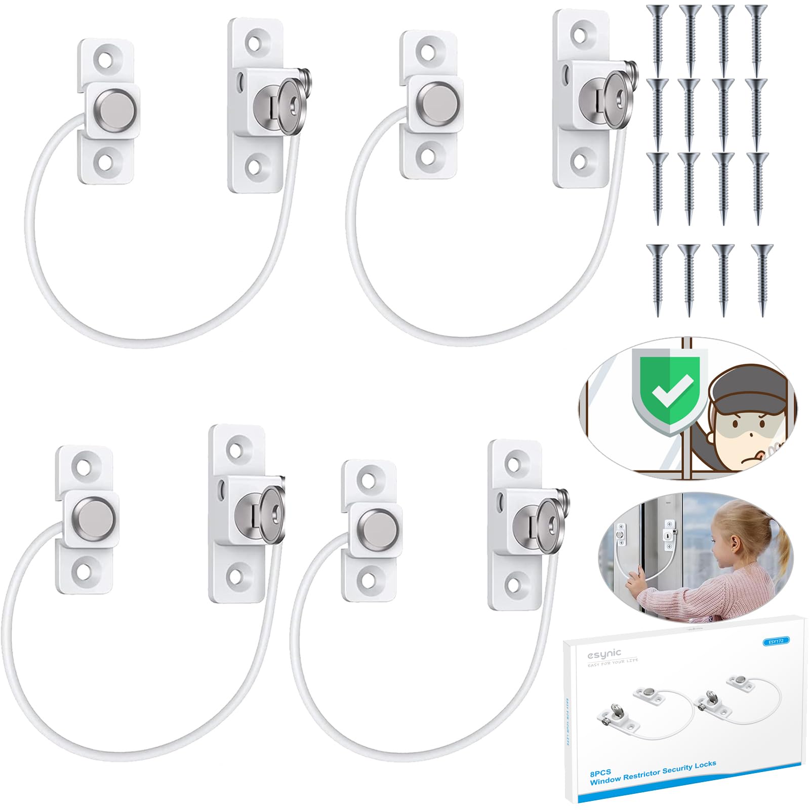 eSynic 4Pack Durable Window Locks Child Safety 185mm/7.3 Inch Wire Long Window Restrictor for UPVC Window Security Locks with Key Relieable Window Safety Restrictor Perfect for Home Office Safety etc — image 1