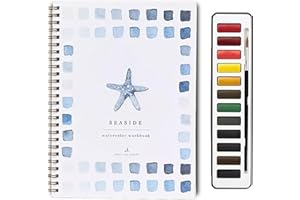 GRDSAX Watercolor Workbooks,Beginner-Friendly Watercolor Workbook,12 Colors Watercolor Paint Set with Paint Brush,Art Crafts Painting Kits Gift for Kids and Adults,44 Spiral-Bound(Seaside)