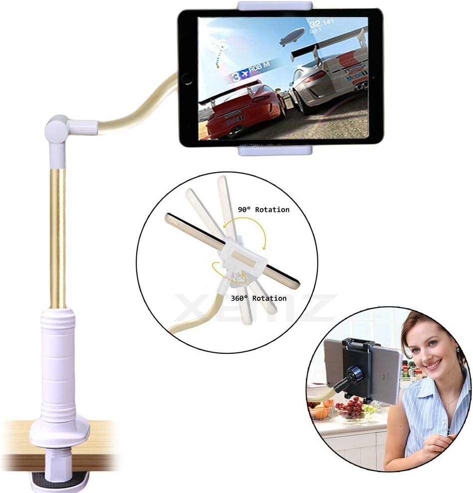 XEMZ Foldable Tablet Smartphone Metal Holder, Universal Flexible Long Arms Mount Bracket, Adjustable Rotating Desk Clamp Stand, Anti-fall Lock on Arms for iPhone/Samsung/ Android/Other 4-14” Device