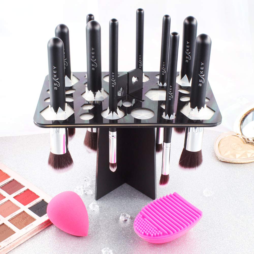 BEAKEY Makeup Brush Drying Rack Air Tree Tower Organizer Folding Brush Holder Cosmetic Shelf Tools [Updated Version]-28 Holes Mix Size, Black: Beauty