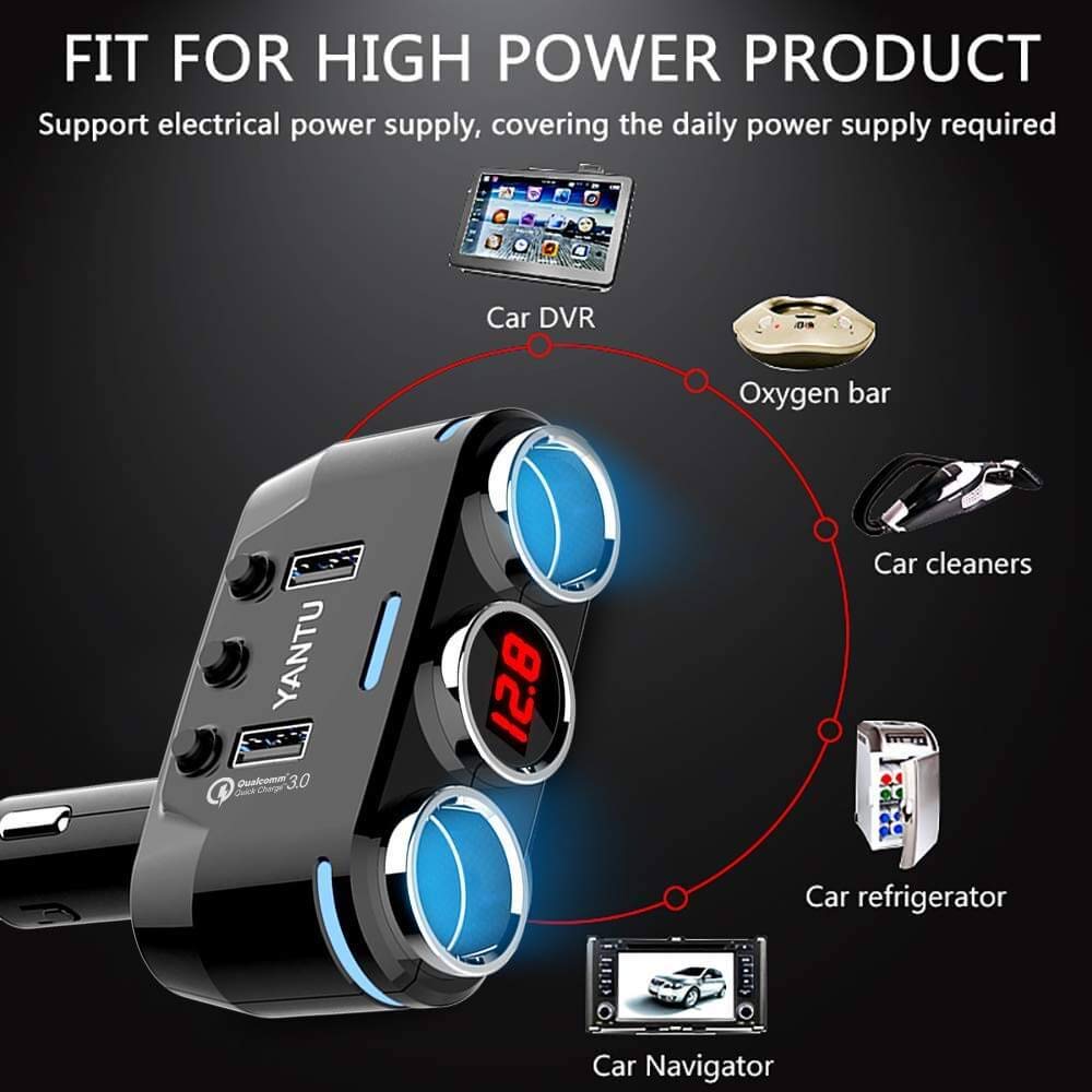 3-Socket Cigarette Lighter Splitter, YANTU 120W Car Multi Cigarette Lighter Socket Splitter 2USB Charger DC 12V/24V Power Adapter with On/Off Switch for iPhone iPad Samsung GPS (A)