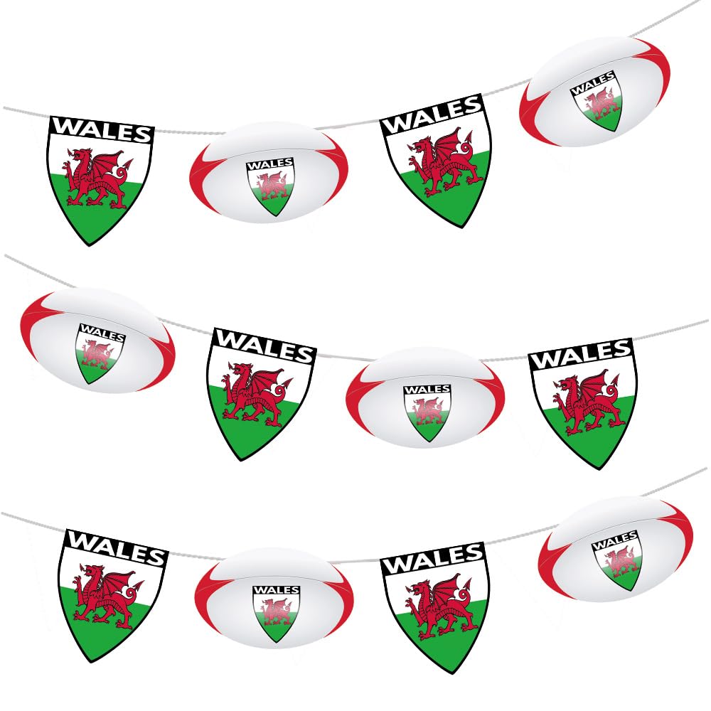 AK Giftshop Wales Flag Rugby Ball Bunting Party Decorations World Cup, Six Nations - 12pcs / 2.5m Ribbon