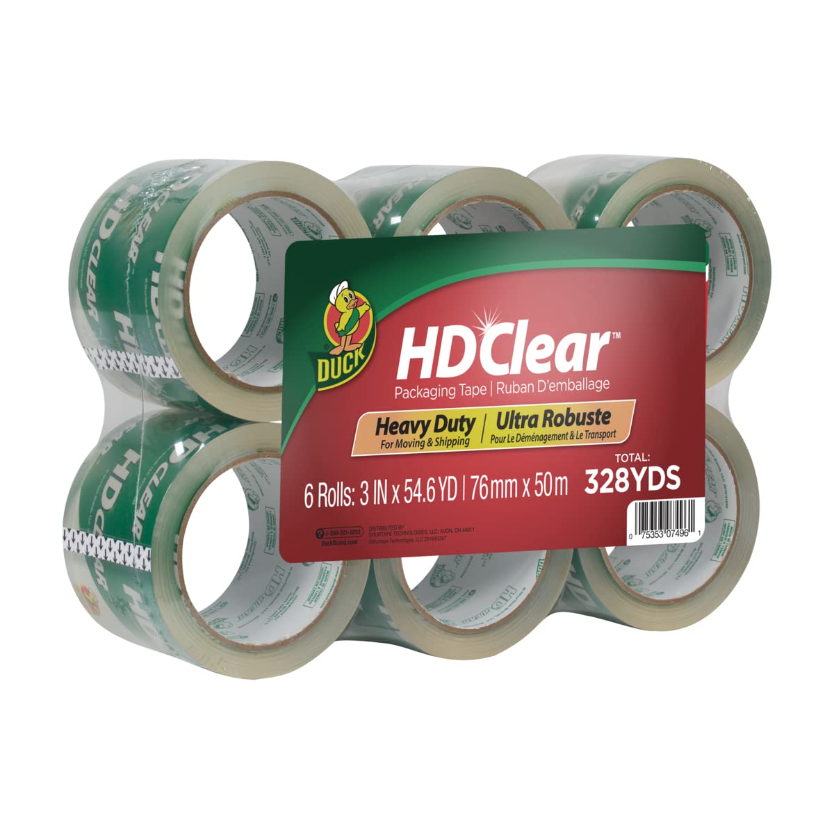 Duck HD Clear Packing Tape - 6 Extra Wide Rolls, 328 Yards - Heavy Duty Packaging Tape for Shipping, Mailing, Moving & Storage - Clear, Strong Packing Tape Refills for Boxes - 3" x 54.6 Yd. (307352)