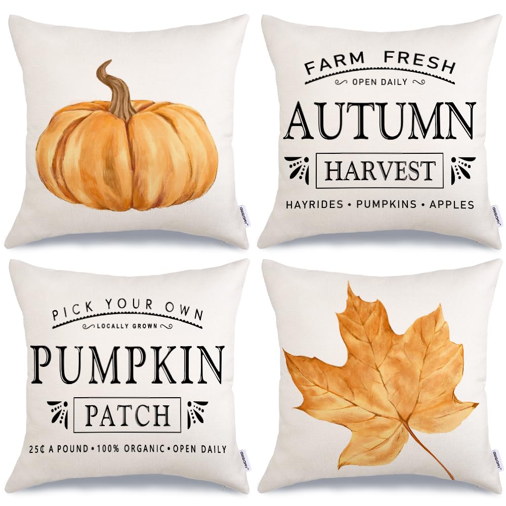 Photo 1 of GEEORY Fall Pillow Covers 18x18 inch Set of 4 Pumpkin Maple Leaf Harvest Outdoor Fall Pillows Decorative Throw Pillows Farmhouse Thanksgiving Autumn Cushion Case for Couch
