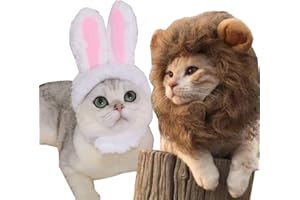 YOSBABE 2 Pack Lion Mane Wig Costume for Cat Costume Bunny Rabbit Hat Headwear with Ears Pet Cosplay Dress up Halloween Party Costume Accessories for Cats & Small Dogs