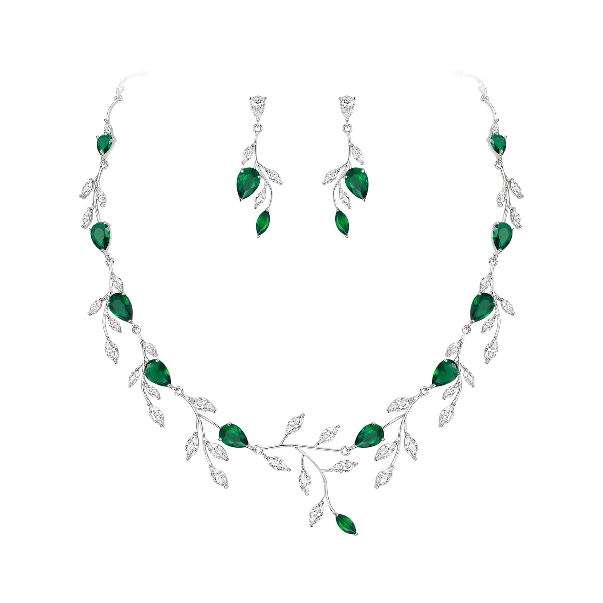 Ever Faith Teardrop Wedding BridalJewellery Sets for Brides Sparkly Green CZ Pear-Shaped May Birthstone Leaf Necklace Earrings Set for Prom