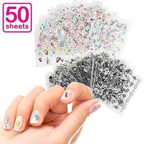 Nail Art Stickers | 50 sheets Fashionable 3D Nail Stickers | 2.8” x 2.8” Self Adhesive Decal Sticker Set with Elegant Design for Any Nail Color &amp; Skin Type | Transparent Plastic | 1540
