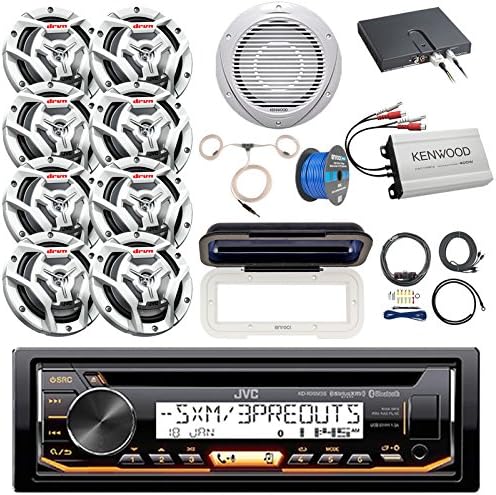 Boat Audio Package: JVC KD-R99MBS Marine Bluetooth CD Receiver, Radio Cover - White , 8x JVC 6.5" Marine White Speakers, 10" Woofer / Amplifier Combo, 4-Ch Amplifier, Amp Kit, Antenna, Speaker Wire