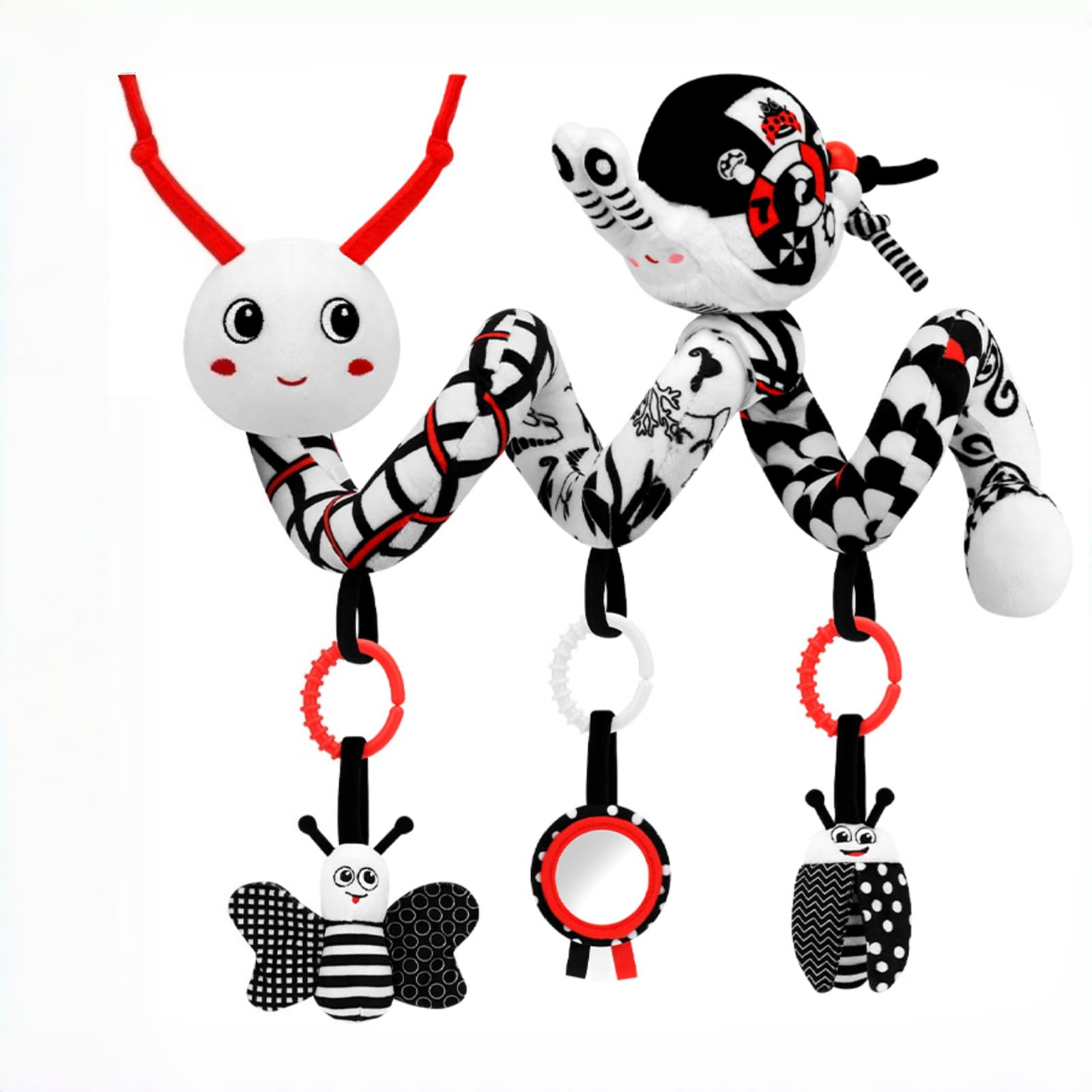 Spiral Car Seat Baby Toys 0-6 Months, Activity High Contrast Black White Sensory Toys with Wrist Rattles Set Hanging Stroller Accessories, Newborn Adjustable Carseat Toys for Baby Boys Girls
