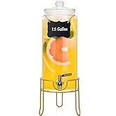 DHSBTLS 1.5 Gallon Glass Drink Dispensers, Round Beverage Dispenser for Party, BBQ and Picnic, Clear Airtight Juice Dispenser with Golden Stand, Stainless Steel Spigot, Markers and Chalkboard