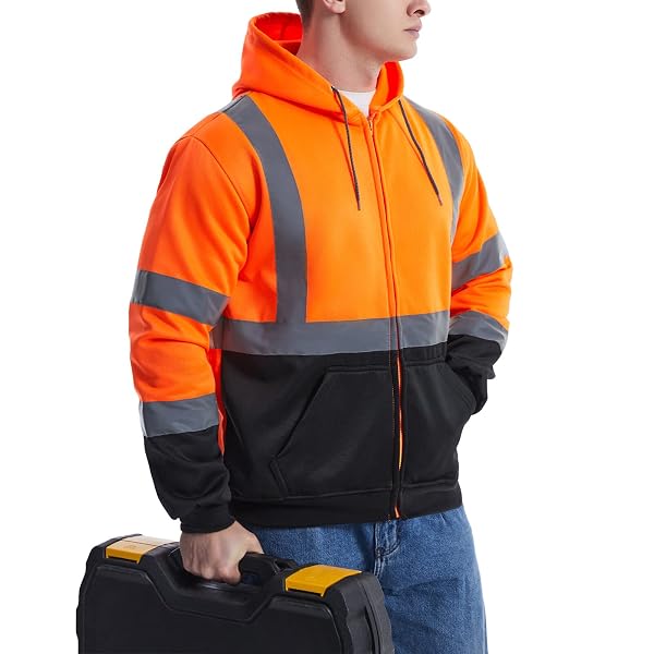 SKSAFETY HI VIS WORK SAFETY HOODIES FOR MEN – CLASS 3 HIGH VISIBILITY REFLECTIVE HOODIE JACKET, HIGH VIS ZIPPER HOODIE WITH BLACK BOTTOM, CONSTRUCTION SWEATSHIRTS WITH POCKETS