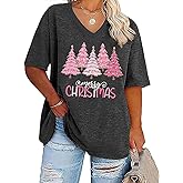 FCHICH Plus Size V Neck Merry Christmas T Shirt Women Cute Xmas Trees Graphic Tee Casual Loose Fit Holiday Tops Blouse