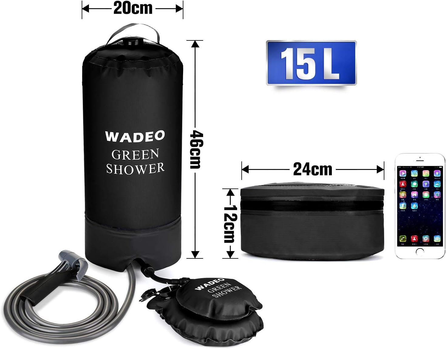 WADEO Camp Shower, 15L 4 Gallons Portable Outdoor Camping Shower Bag Pressure Shower with Foot Pump and Shower Nozzle for Beach Swim Travel Hiking Backpacking, Black : Sports & Outdoors