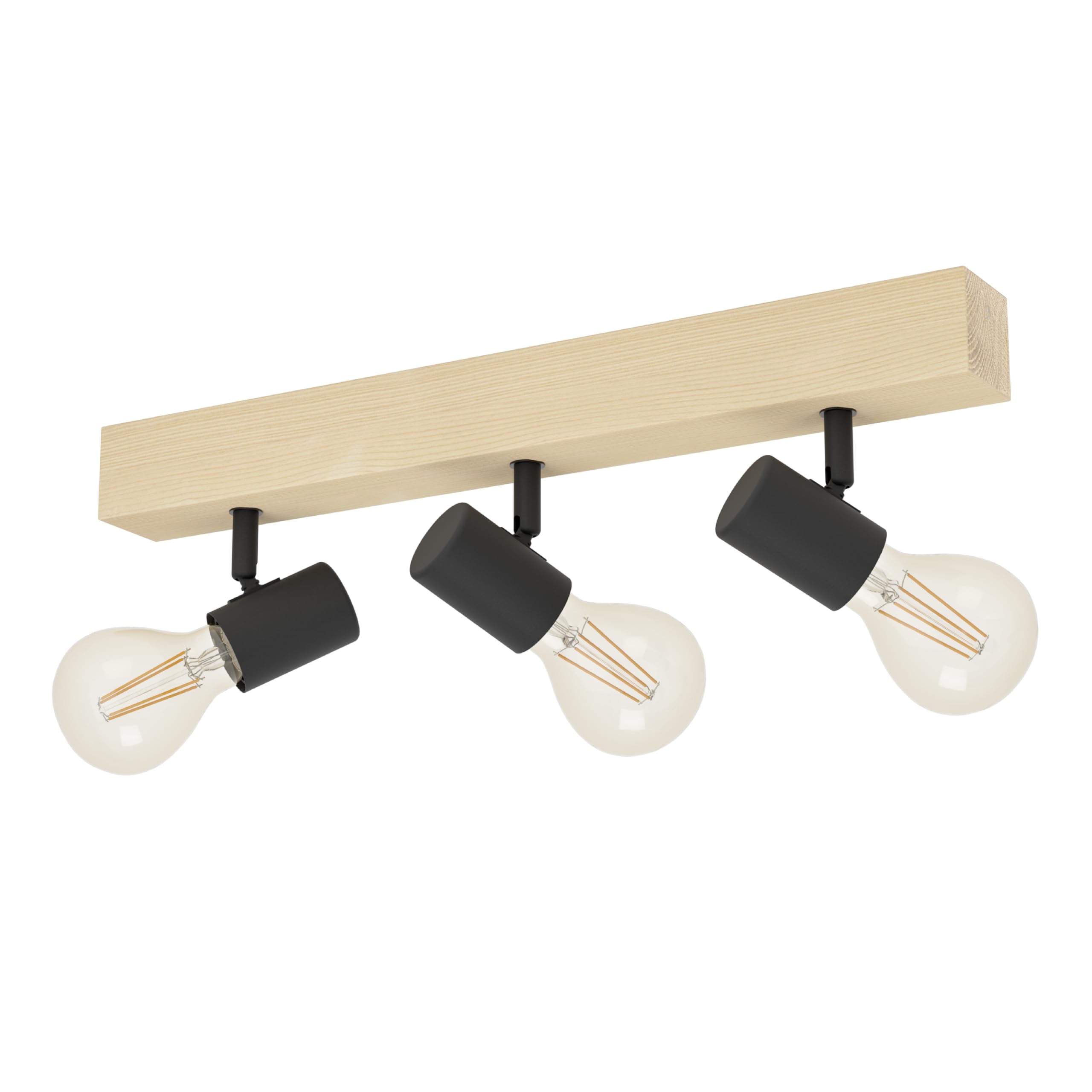 Eglo Townshend 3 Ceiling Light, 3-Flame Vintage Spotlight with an Industrial Design, Retro Lighting Made of Steel and Wood, Colour: Black, Brown, Socket: E27