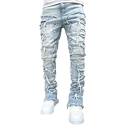 Kodaruber Mens Stacked Jeans Slim Fit Ripped Skinny