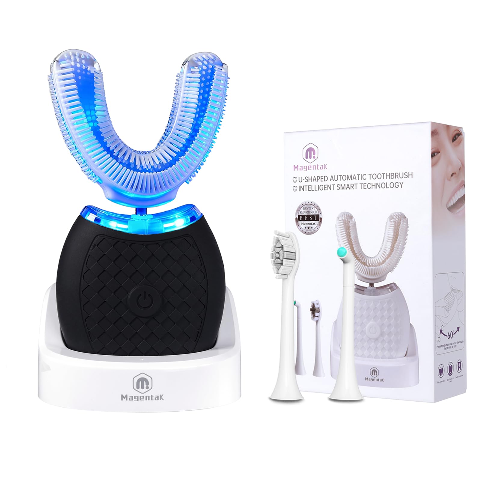 Photo 1 of Magentak Ultrasonic U-Shaped Toothbrush for Teeth Whitening, Electric Toothbrush for Adults 360-degree Cleaning,3 Brush Heads, Wireless Charging and IPX7 Waterproof Kit for Travel or Home(Black)