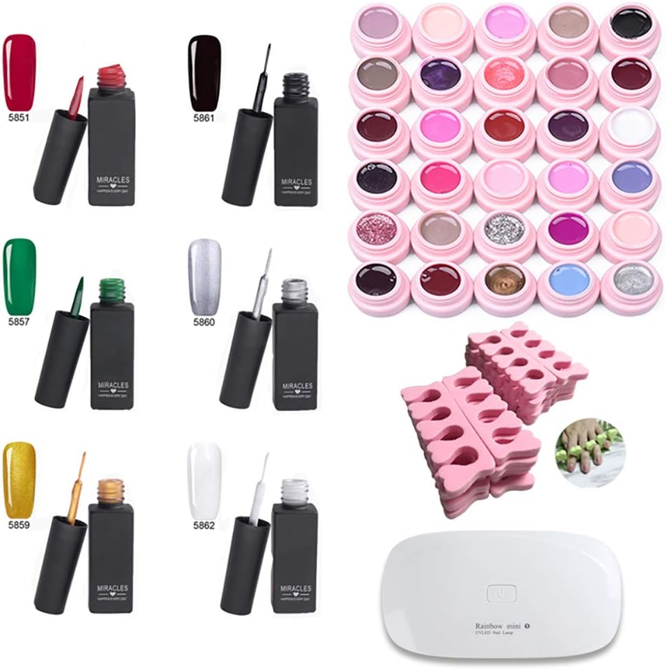 Set of 30 colors Soak-off UV LED Semi Permanent Nail Gel Nail Polish Nail Art Manicure Kit with 6 Pcs Classic DIY 3D Painting Drawing Liner Pen Tool, Pull Line Pen, 10Pcs Sponge Separator with Lamp