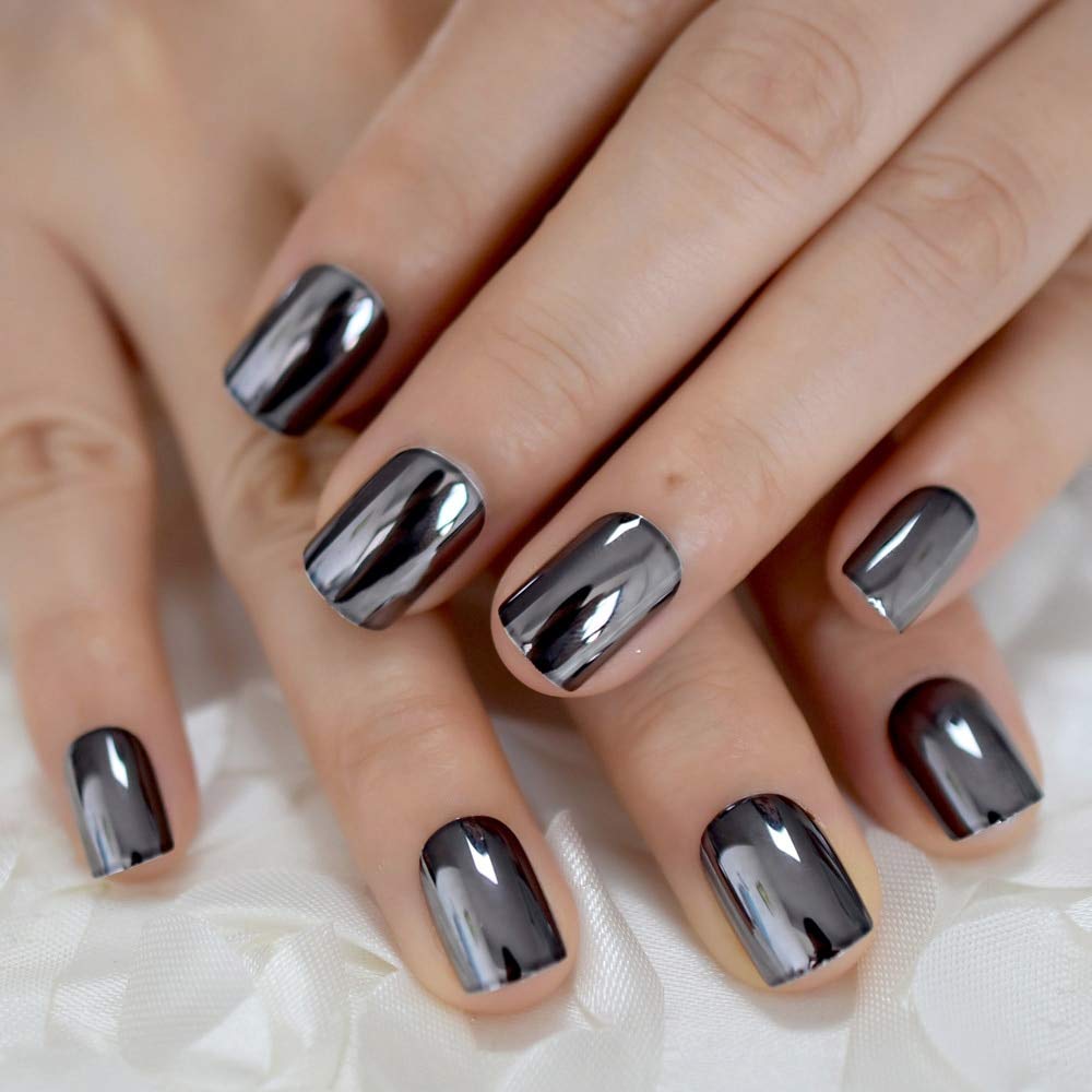 Coolnail Dark Smoky Gray Reflective Mirror Metal Plating False French Acrylic Nail Tips Punk Metallic Square Fake Nails With Glue Sticker - Image 6
