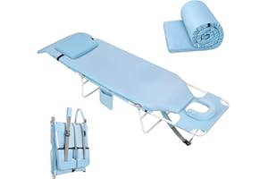 MINNDUDU Women Comfort Padded Backpack Tanning Beach Lounge Chair with Face Hole Cushion Mattress, Folding 6 Position Reclining Face Down Tanning Chair for Adults Outside Reading Sunbathing Poolside, Blue