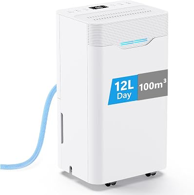 Deshumidificador 12L/Día, con 3 Modos, Temporizador de 24h, Bajo Consumo, Apagado Automático, Tubo de Drenaje Drenaje Continuo, Deshumificadores de humedad para Dormitorios, Baños, Sótanos